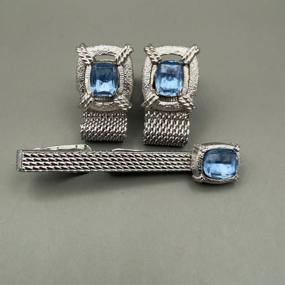 Swank Cufflinks Tie Clip Set Silver Tone Blue Rhinestone Mesh Wrap Men Accessory